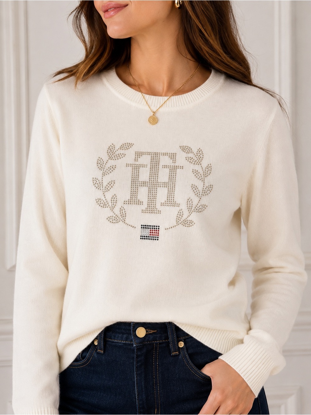 Tommy Hilfiger Ivory Rhinestone TH Crest Cotton Sweater Preppy Y2K